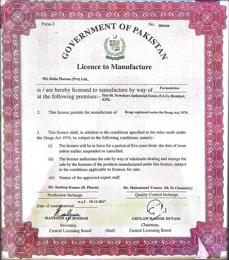 Government of Pakistan Licence to Manufacture No. 000446 issued to Delta Pharma (Pvt) Ltd. by the Central Licensing Board